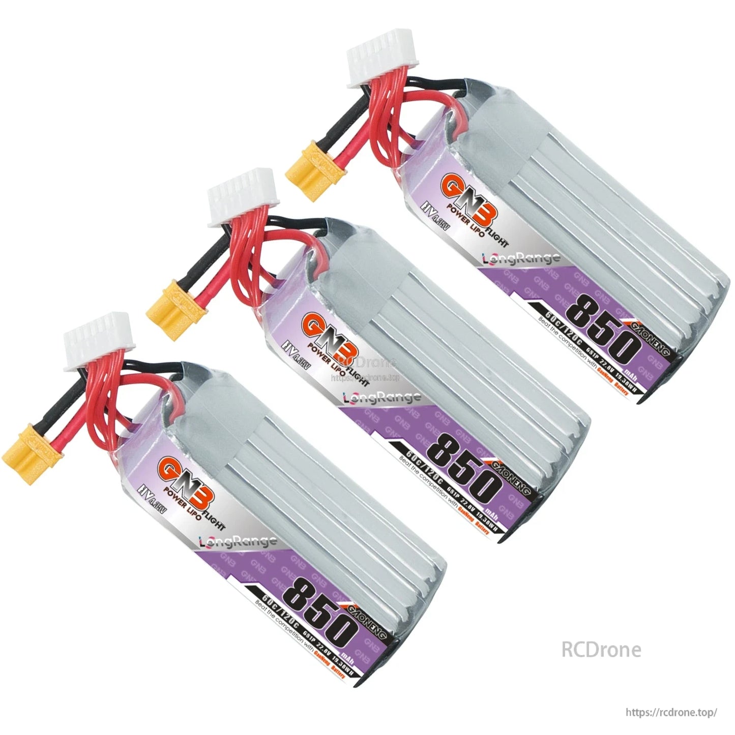Three GNB 850mAh long LiHV battery packs shown together with XT30 leads and balance plugs