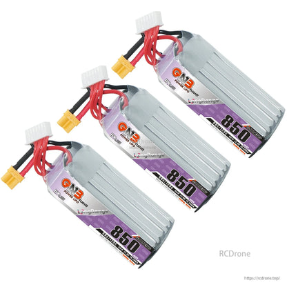 Three GNB 850mAh long LiHV battery packs shown together with XT30 leads and balance plugs