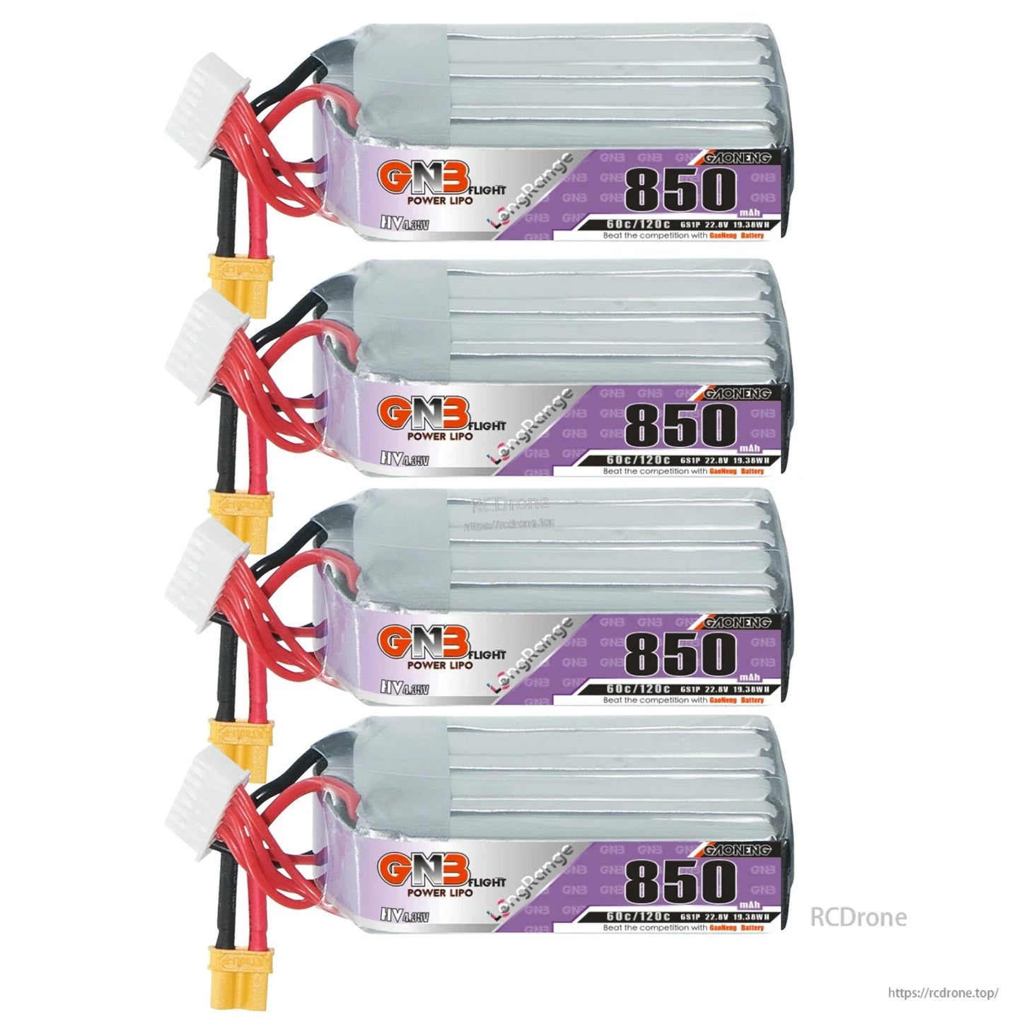 Four GNB 850mAh long battery packs stacked horizontally showing side labels and wiring