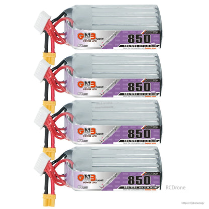 Four GNB 850mAh long battery packs stacked horizontally showing side labels and wiring
