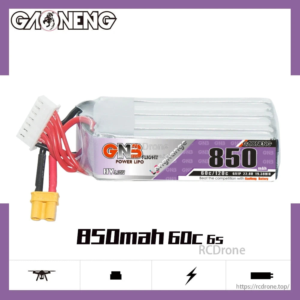 Side profile graphic of GAONENG GNB LiHV 6S 850mAh 60C long battery, label and wiring shown