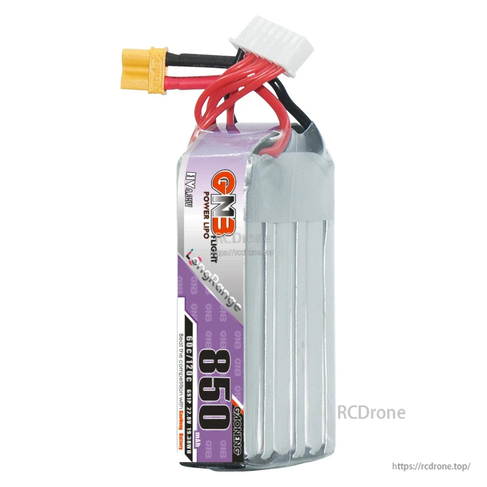 Front view of GNB long LiPo battery with 850 label, XT30 plug and white balance connector