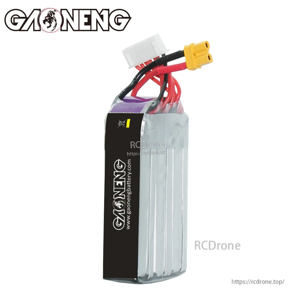 Rear/side view of GAONENG battery showing black back wrap, wires exit, XT30 and balance plug