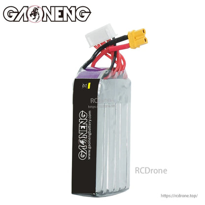 Rear/side view of GAONENG battery showing black back wrap, wires exit, XT30 and balance plug