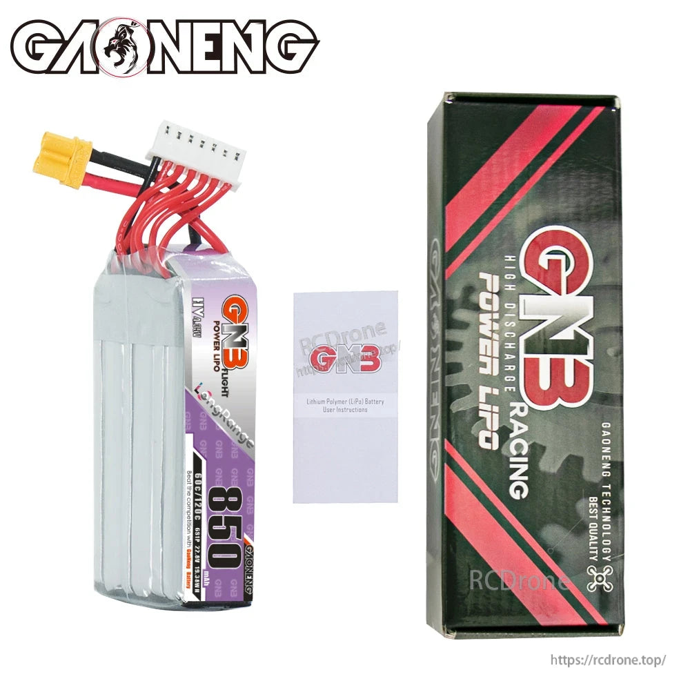 Package contents: GNB 850 long battery, product box, and small instruction card