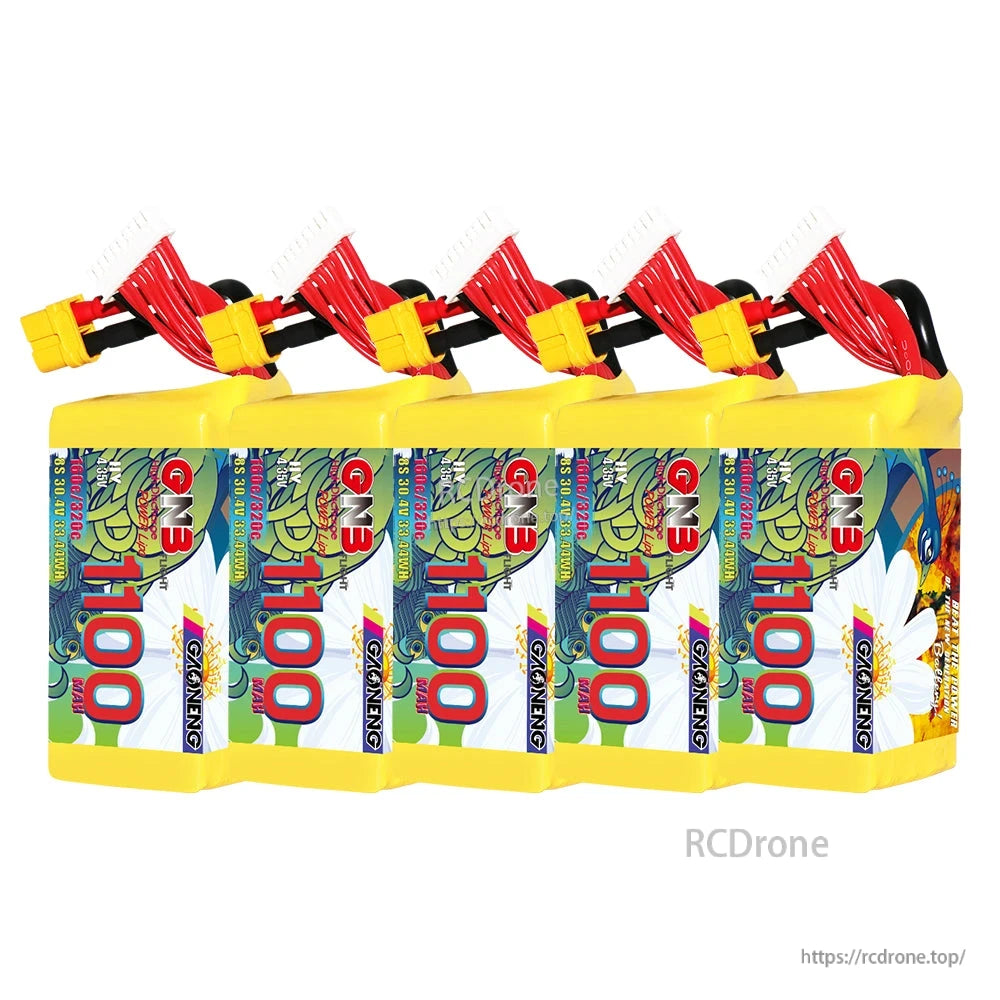 Five-pack set of GNB 1100mAh LiHV batteries lined up side by side with XT60 leads on top