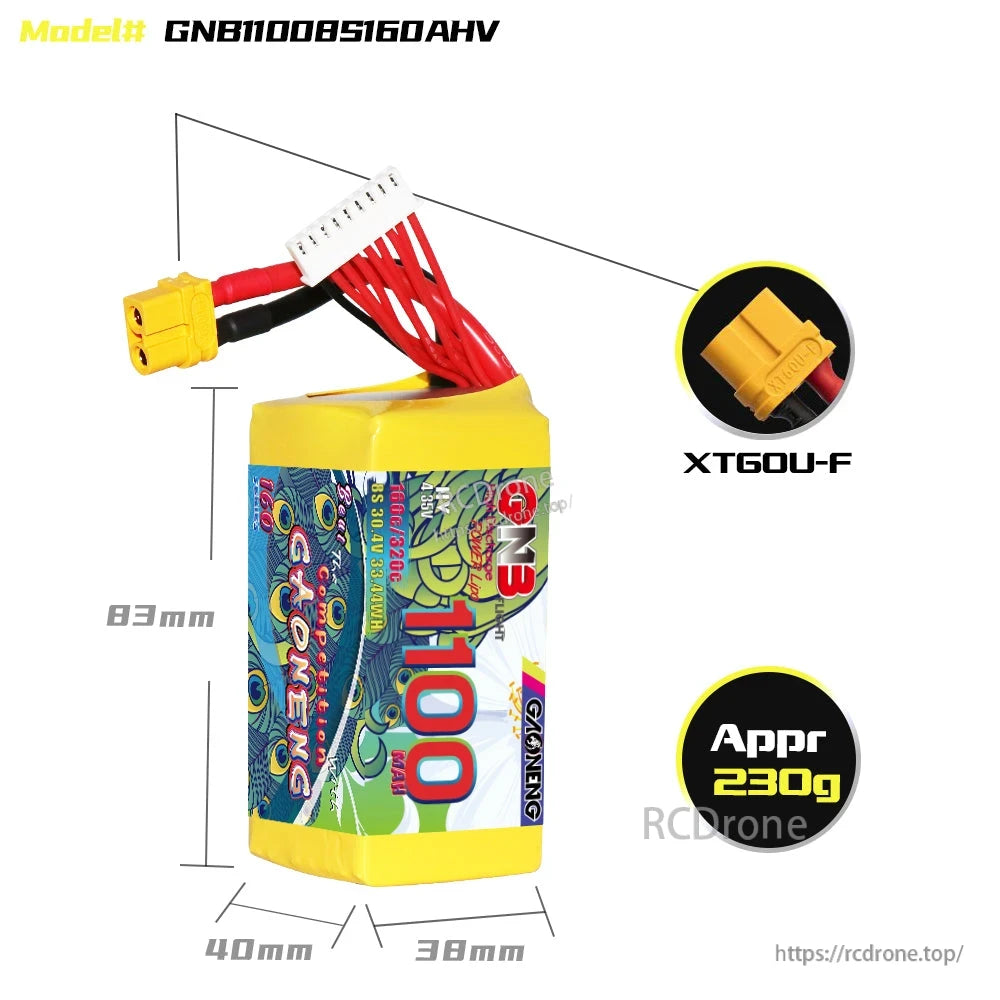 Battery dimensions diagram with connector close-up, model GNB11008S160AHV and XT60U-F callout