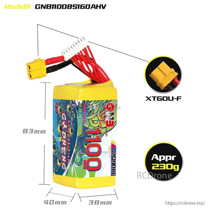 Battery dimensions diagram with connector close-up, model GNB11008S160AHV and XT60U-F callout