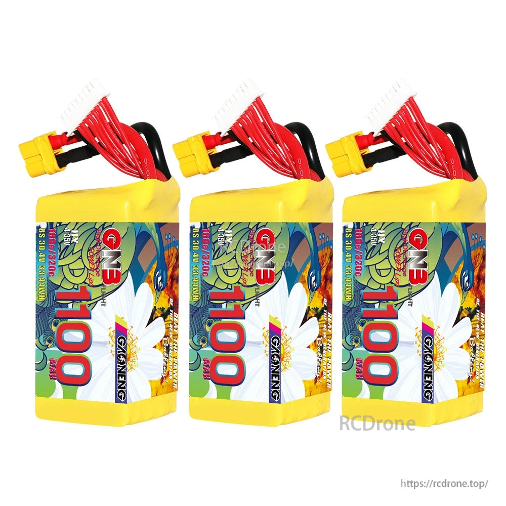 Three-pack display of GNB 1100mAh LiHV batteries standing upright with XT60 leads