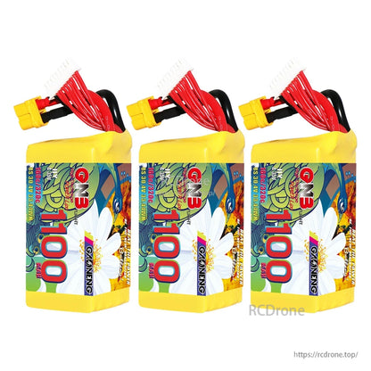 Three-pack display of GNB 1100mAh LiHV batteries standing upright with XT60 leads