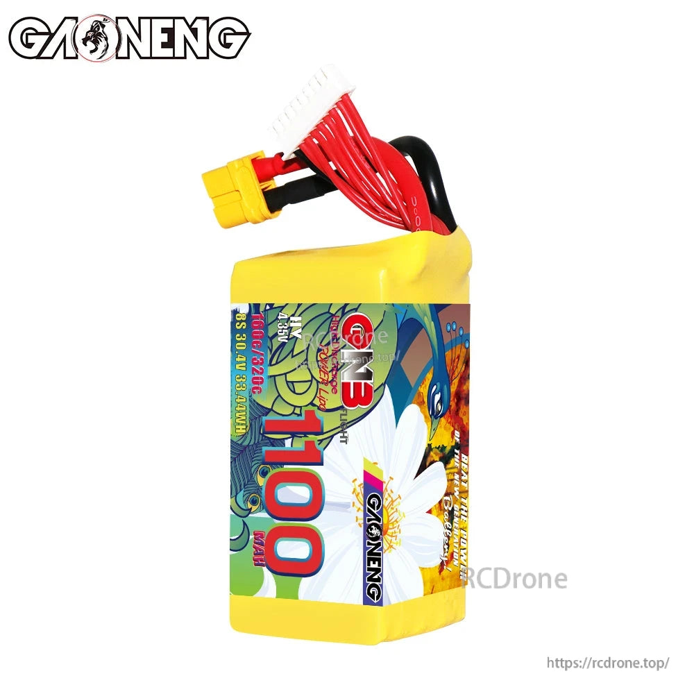 Front label view of GNB 1100mAh LiHV 8S battery with yellow shrink wrap and attached leads