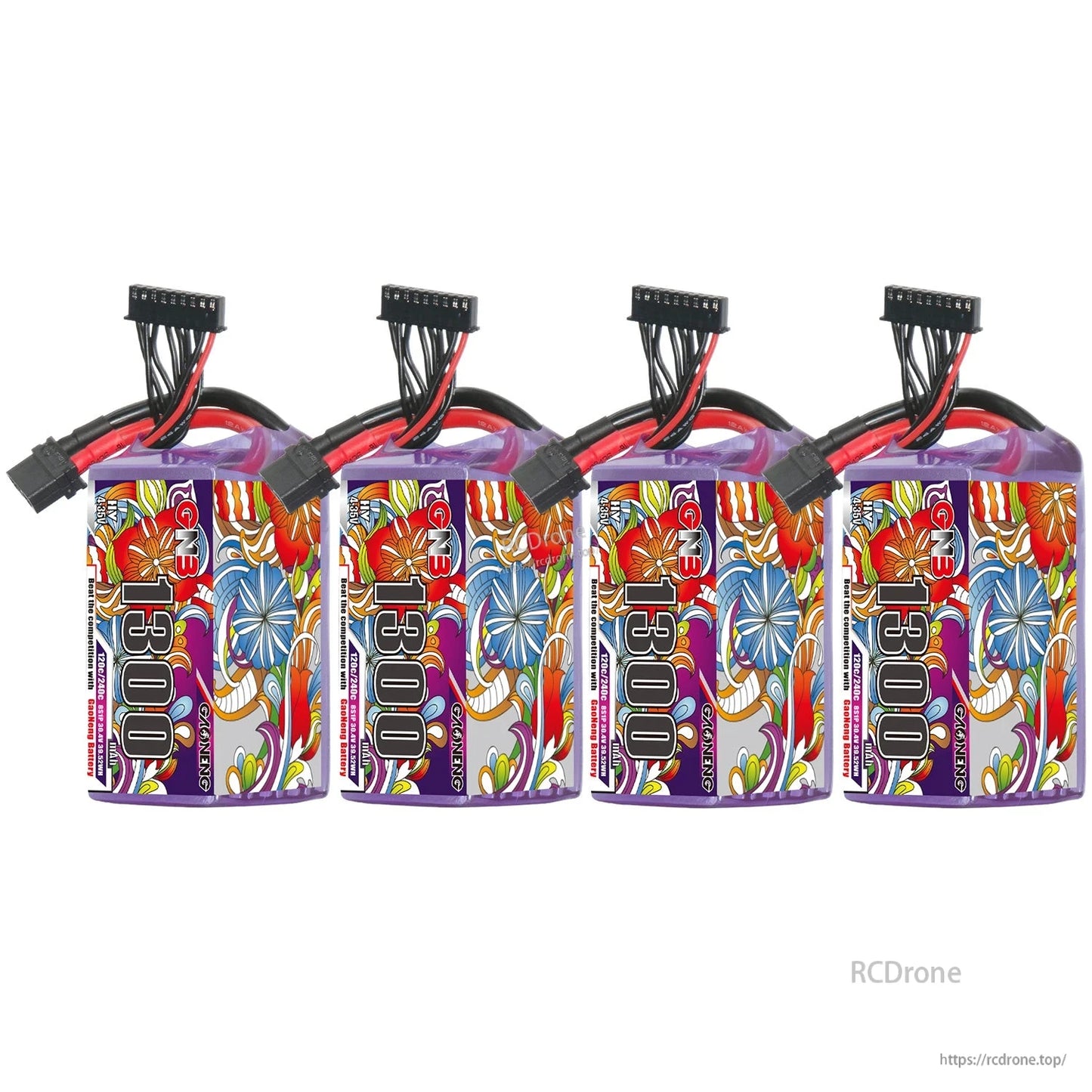 Four GNB 1300 battery packs displayed side by side with matching floral wrap and connectors