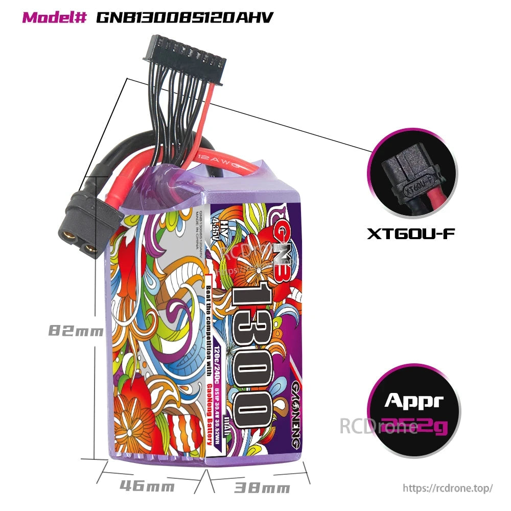 GNB13008S120AHV battery dimensions diagram with XT60U-F connector close-up and size notes