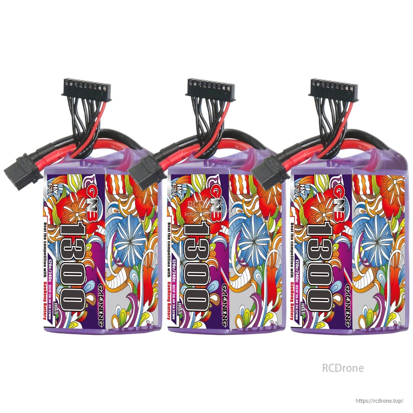 Three GNB 1300 battery packs lined up, front labels facing, leads and balance connectors visible