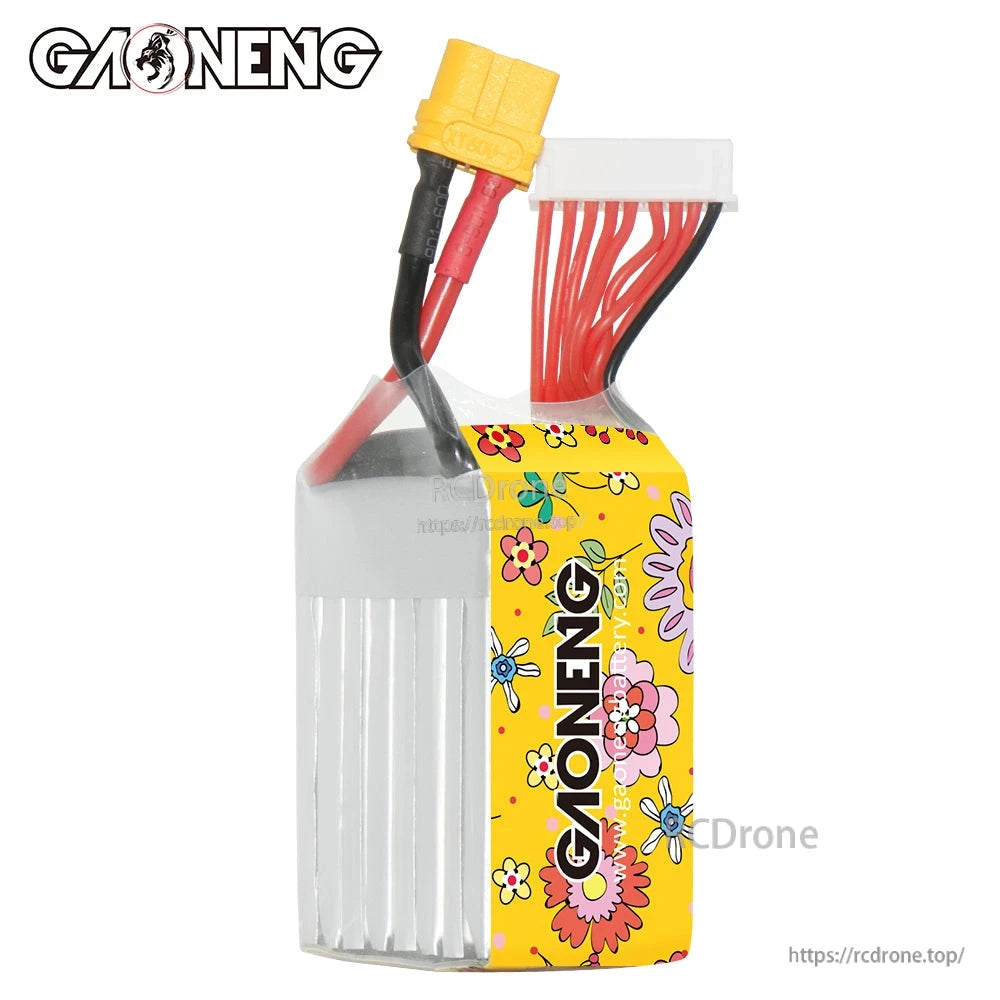 Opposite side view showing GAONENG floral wrap, XT60 lead and balance connector