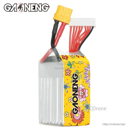 Opposite side view showing GAONENG floral wrap, XT60 lead and balance connector