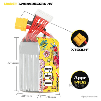 Battery size and connector diagram: 65mm height, 42mm width, 30mm thick, XT60U-F plug