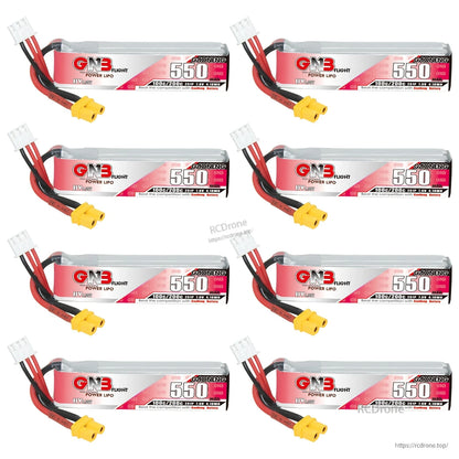 Eight-pack layout of GNB 550mAh 2S LiHV batteries showing labels and yellow XT30 connectors