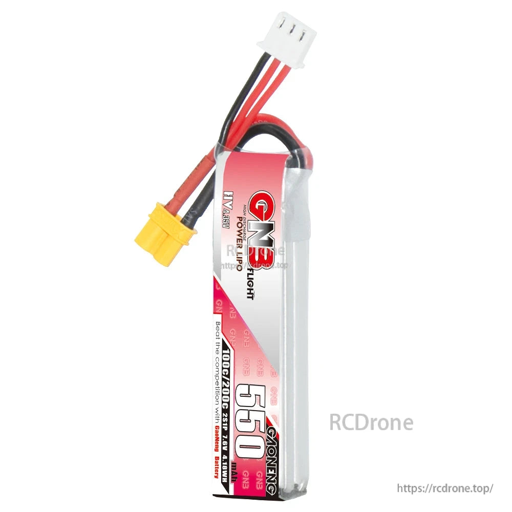Side profile of long 2S LiHV 550mAh pack showing wire leads and yellow XT30 connector
