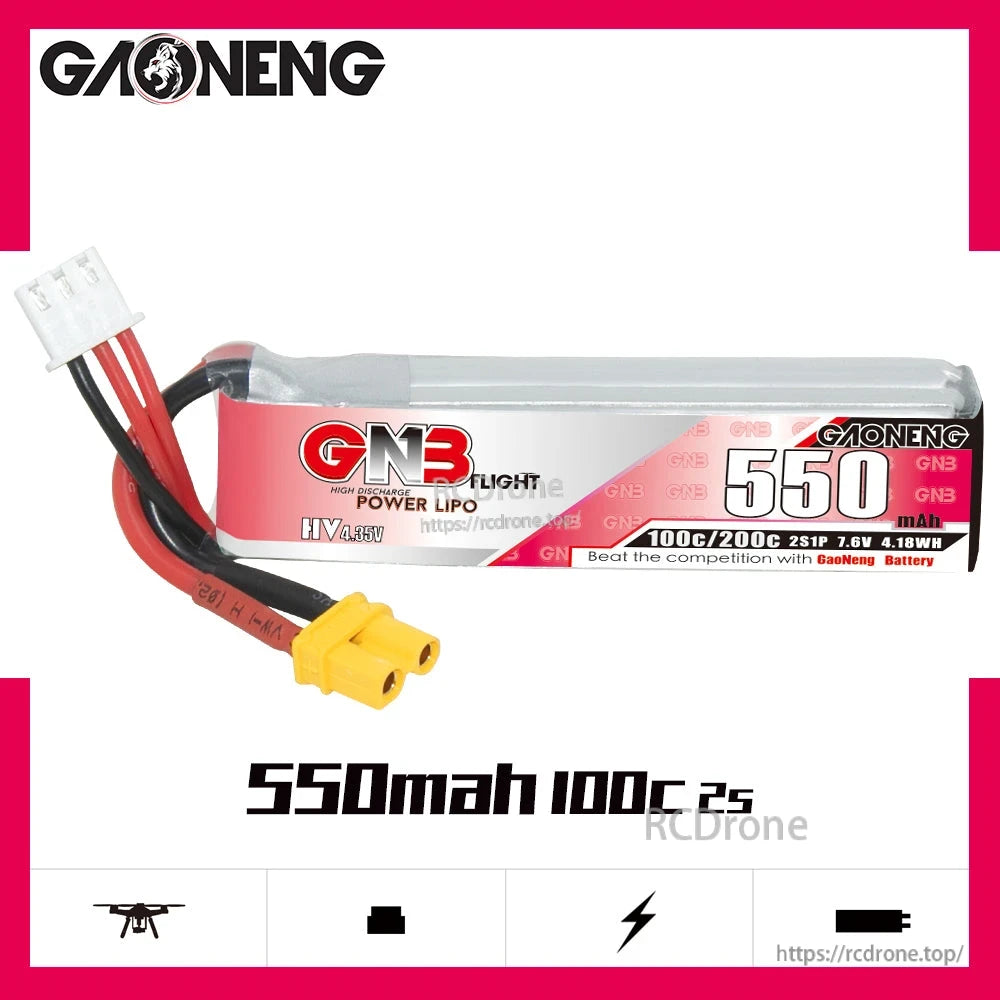 GAONENG GNB LiHV LiPo Battery long type 550mAh 100C/200C label view on white background