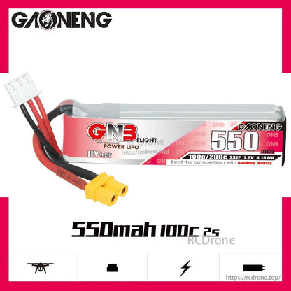 GAONENG GNB LiHV LiPo Battery long type 550mAh 100C/200C label view on white background
