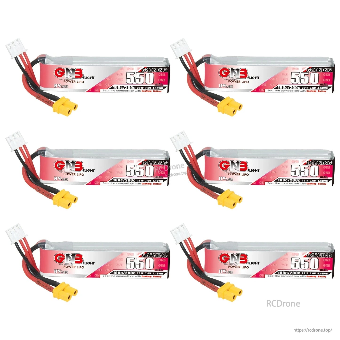 Six-pack layout of long 550mAh LiHV batteries with labels facing up and XT30 leads visible