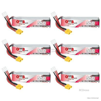 Six-pack layout of long 550mAh LiHV batteries with labels facing up and XT30 leads visible
