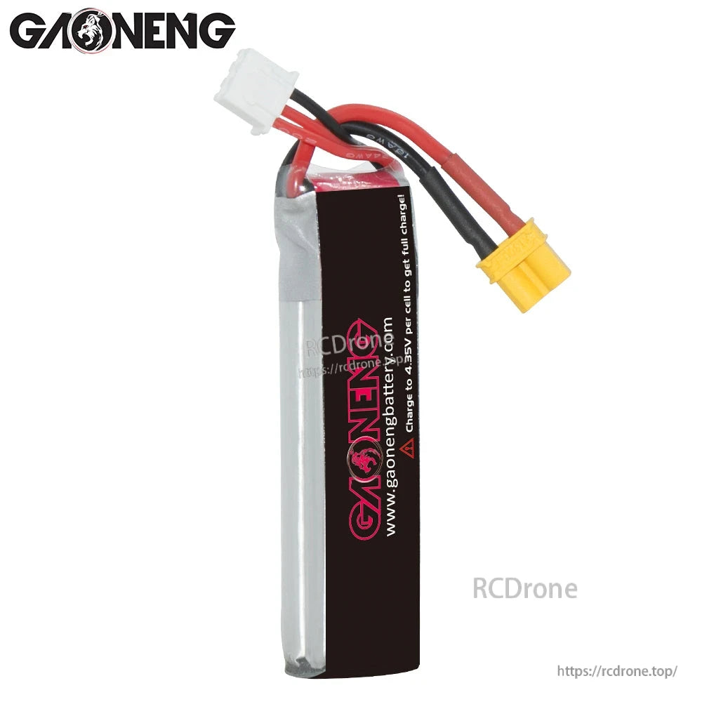 Rear view of GAONENG battery with black back label and attached XT30 and balance lead wires