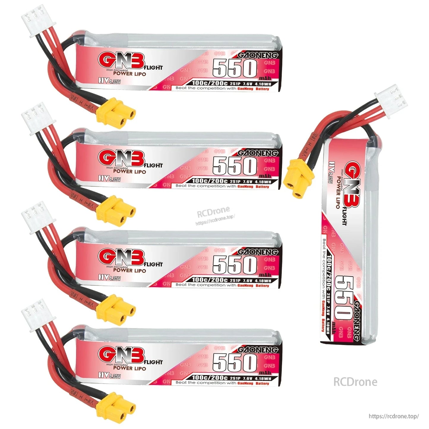 Four batteries horizontal plus one vertical view showing long-pack shape and connector leads