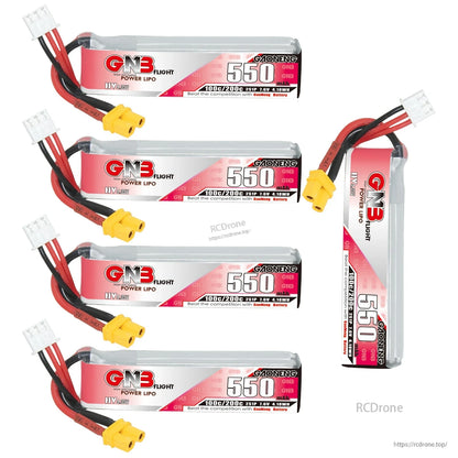 Four batteries horizontal plus one vertical view showing long-pack shape and connector leads