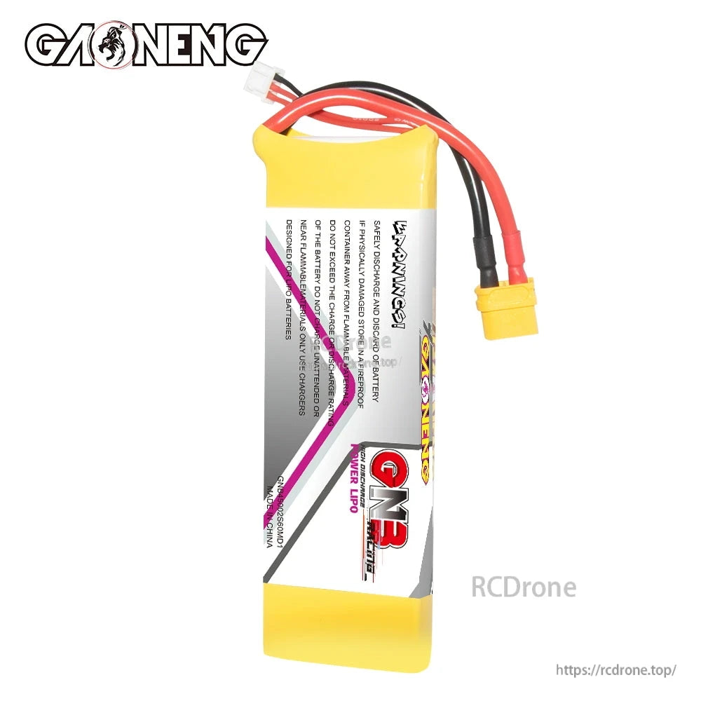 Rear view of the LiPo battery showing warning label and wiring lead
