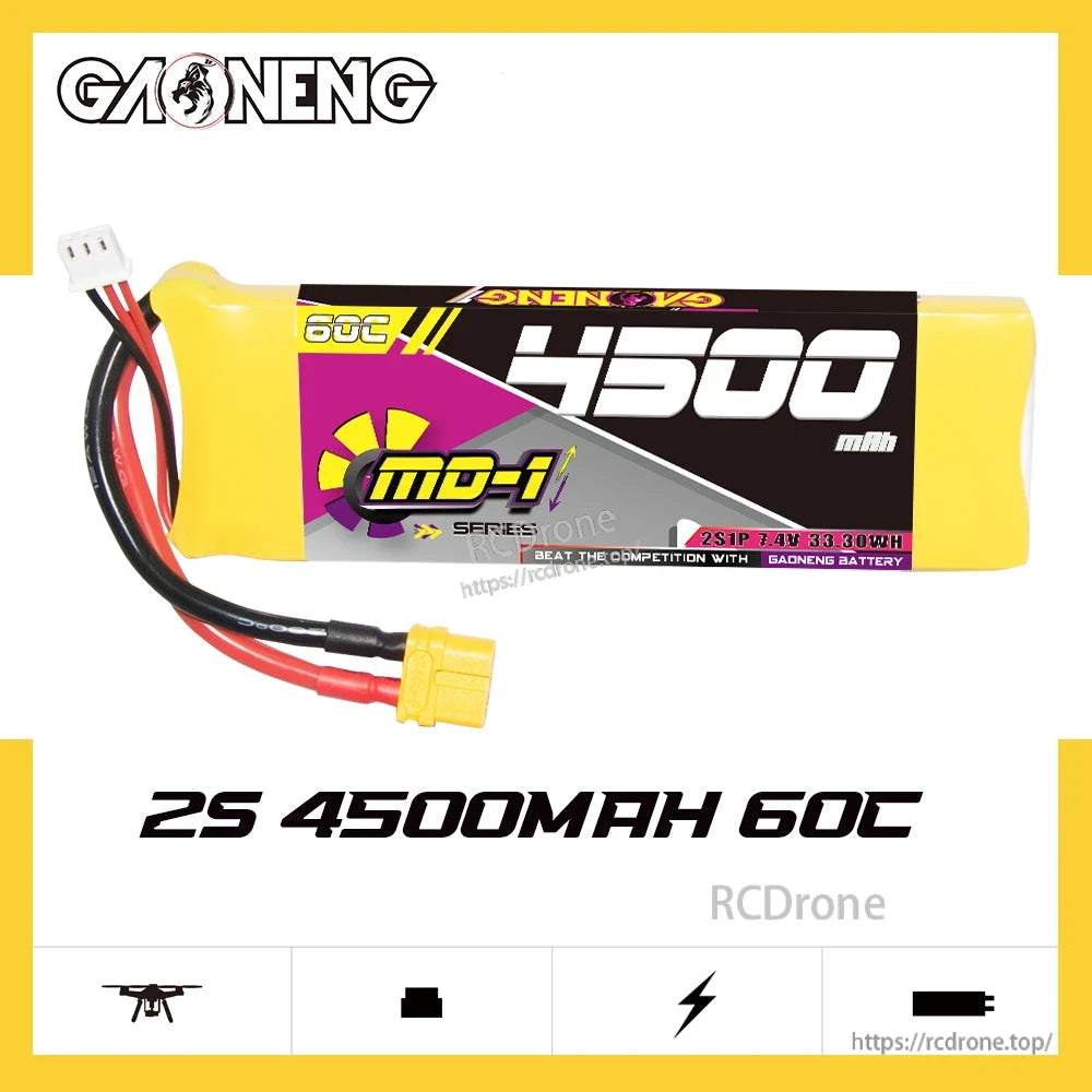 GAONENG GNB MD-1 2S 7.4V 4500mAh 60C LiPo battery shown with product branding and specs