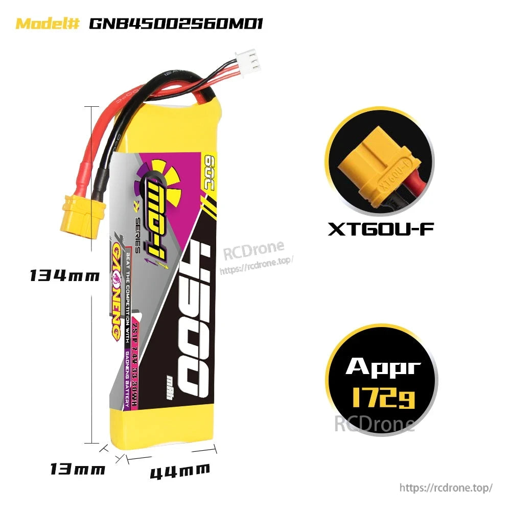 Side view of the 4500mAh LiPo battery showing dimensions and XT60 connector close-up