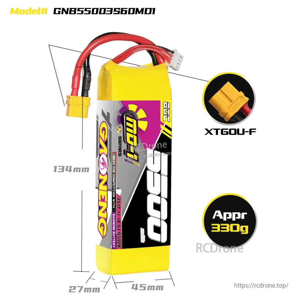 GNB55003S60MD1 battery dimensions 134×45×27mm with XT60U-F connector and approx 330g