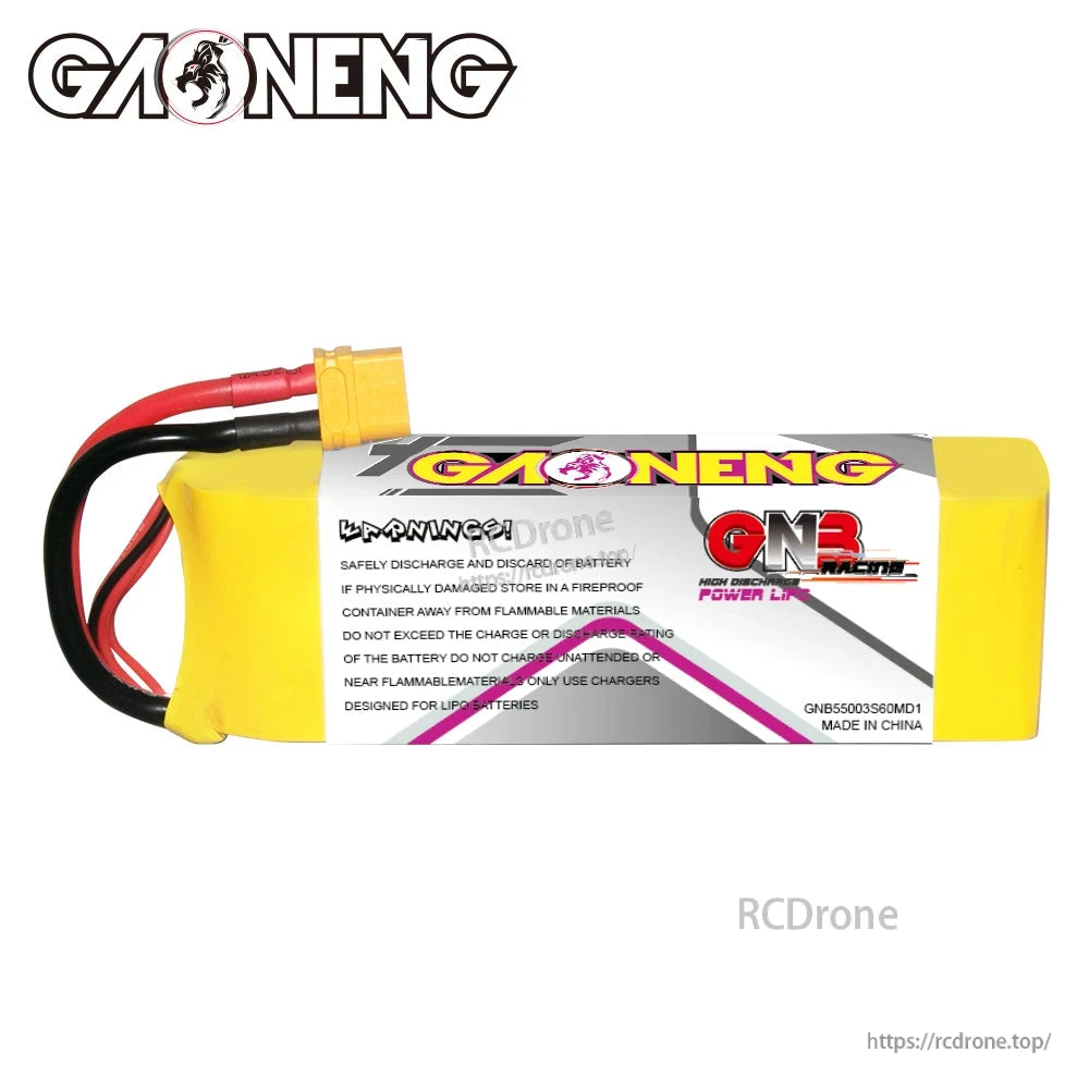 Rear label view of GAONENG GNB LiPo battery with safety warning panel and model marking