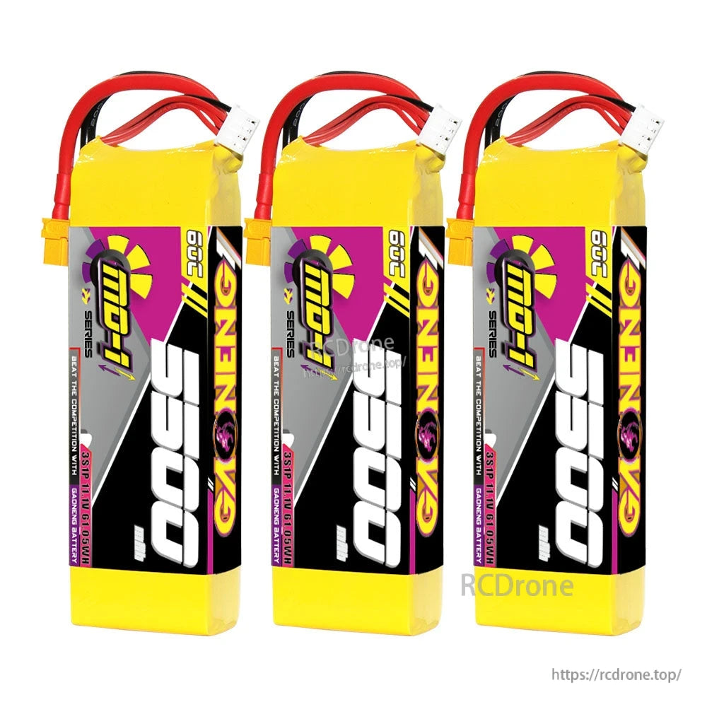 Three GAONENG GNB 5500mAh LiPo batteries lined up, showing consistent wrap and wiring