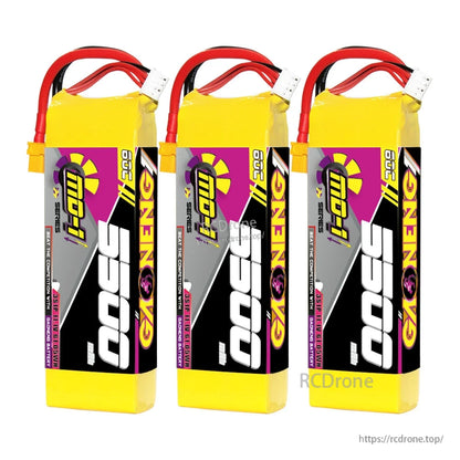 Three GAONENG GNB 5500mAh LiPo batteries lined up, showing consistent wrap and wiring
