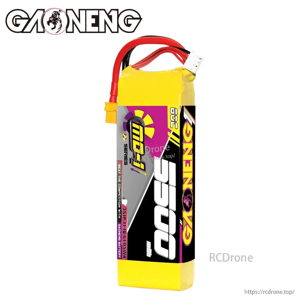 Upright side view of GNB MD-1 series 5500mAh pack showing wire exit and balance connector