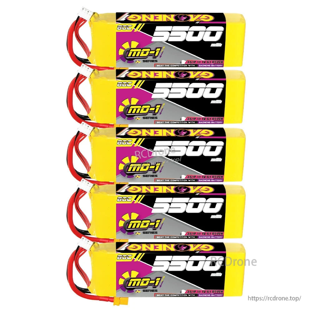 Five GNB 5500mAh LiPo packs stacked vertically, showing side labels and balance leads