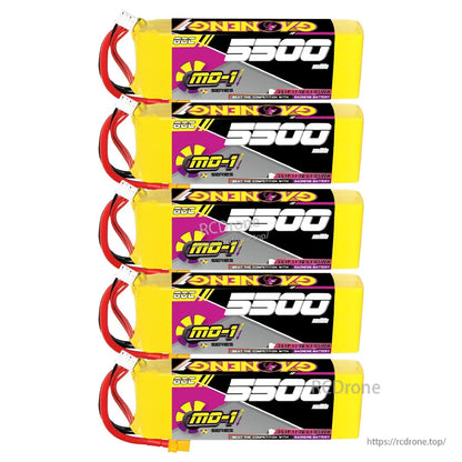 Five GNB 5500mAh LiPo packs stacked vertically, showing side labels and balance leads