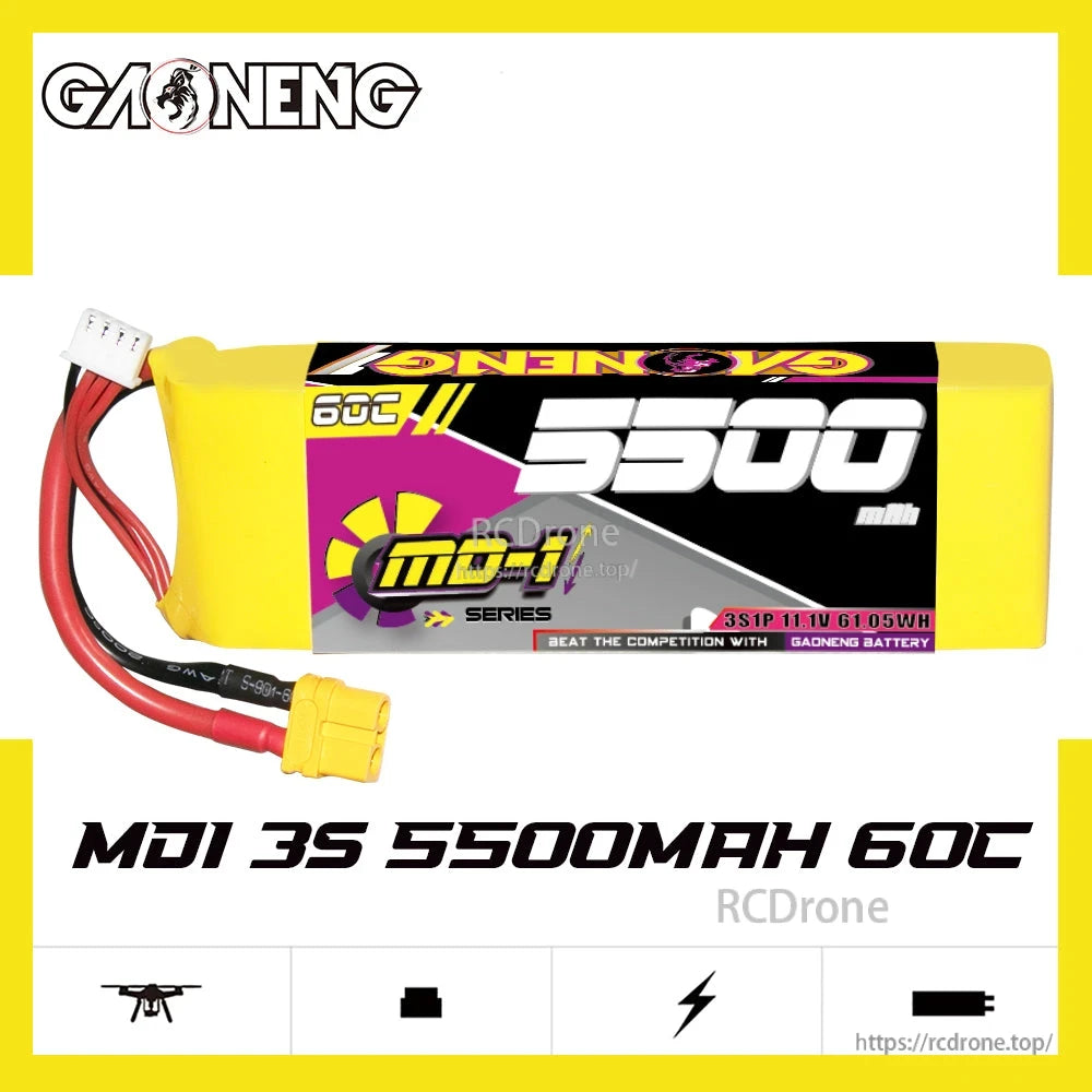 GAONENG GNB MD-1 3S 11.1V 5500mAh 60C LiPo battery label showing specs and XT60 lead