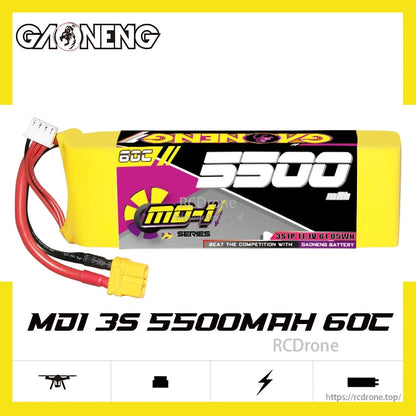 GAONENG GNB MD-1 3S 11.1V 5500mAh 60C LiPo battery label showing specs and XT60 lead