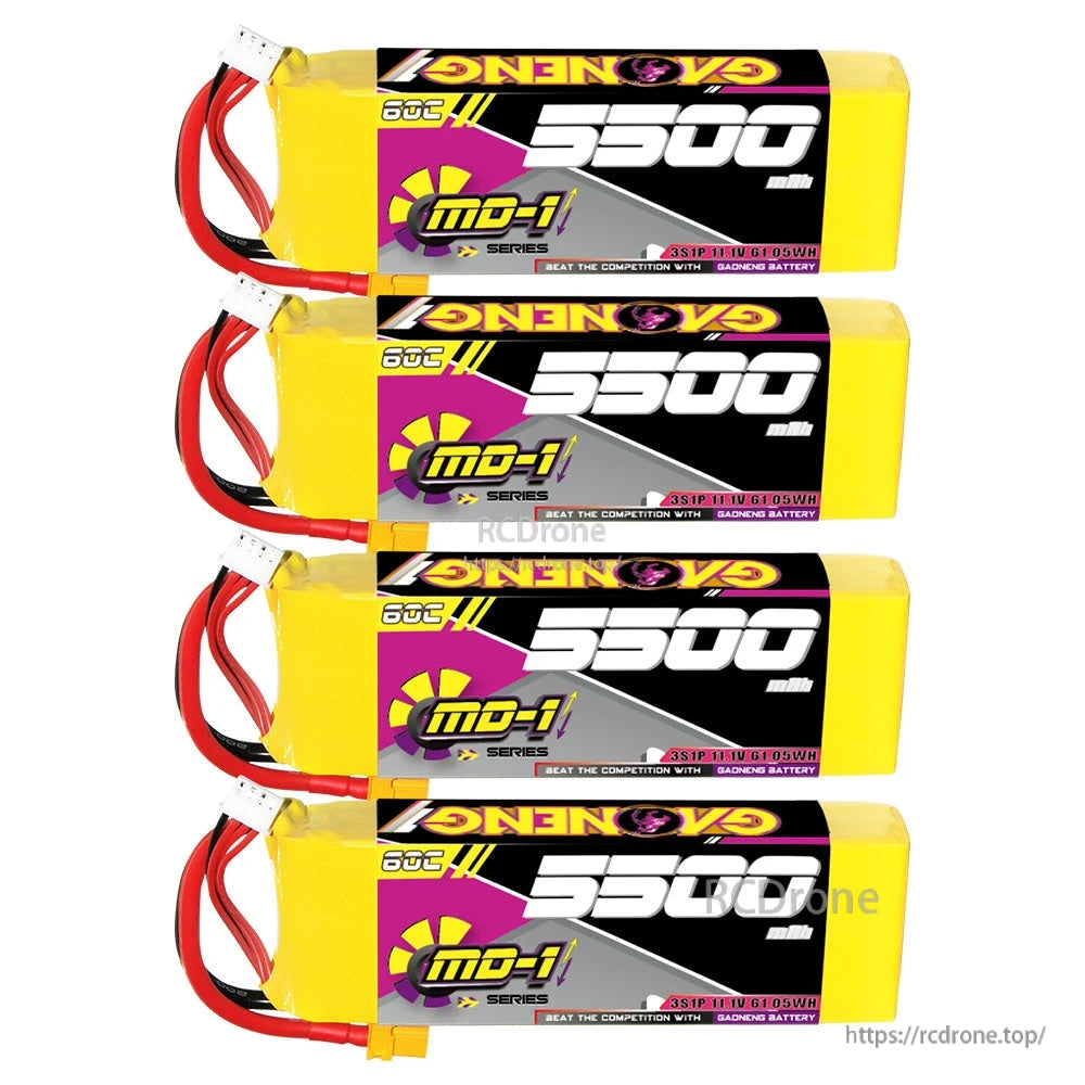 Four GNB 5500mAh LiPo packs stacked horizontally, labels facing out with XT60 leads