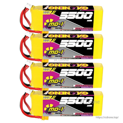 Four GNB 5500mAh LiPo packs stacked horizontally, labels facing out with XT60 leads