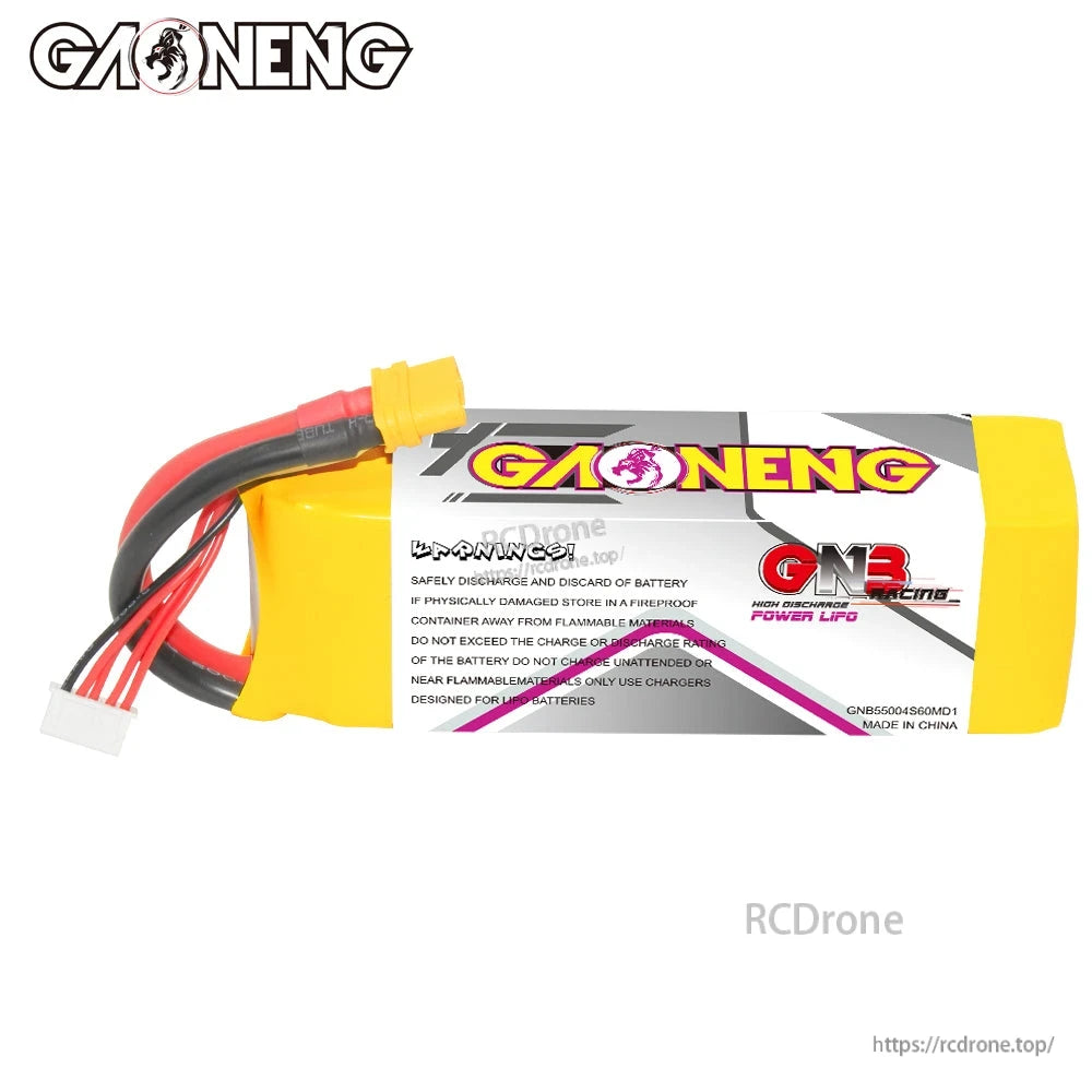 Back label view of GAONENG GNB Power LiPo battery showing warning and handling instructions text