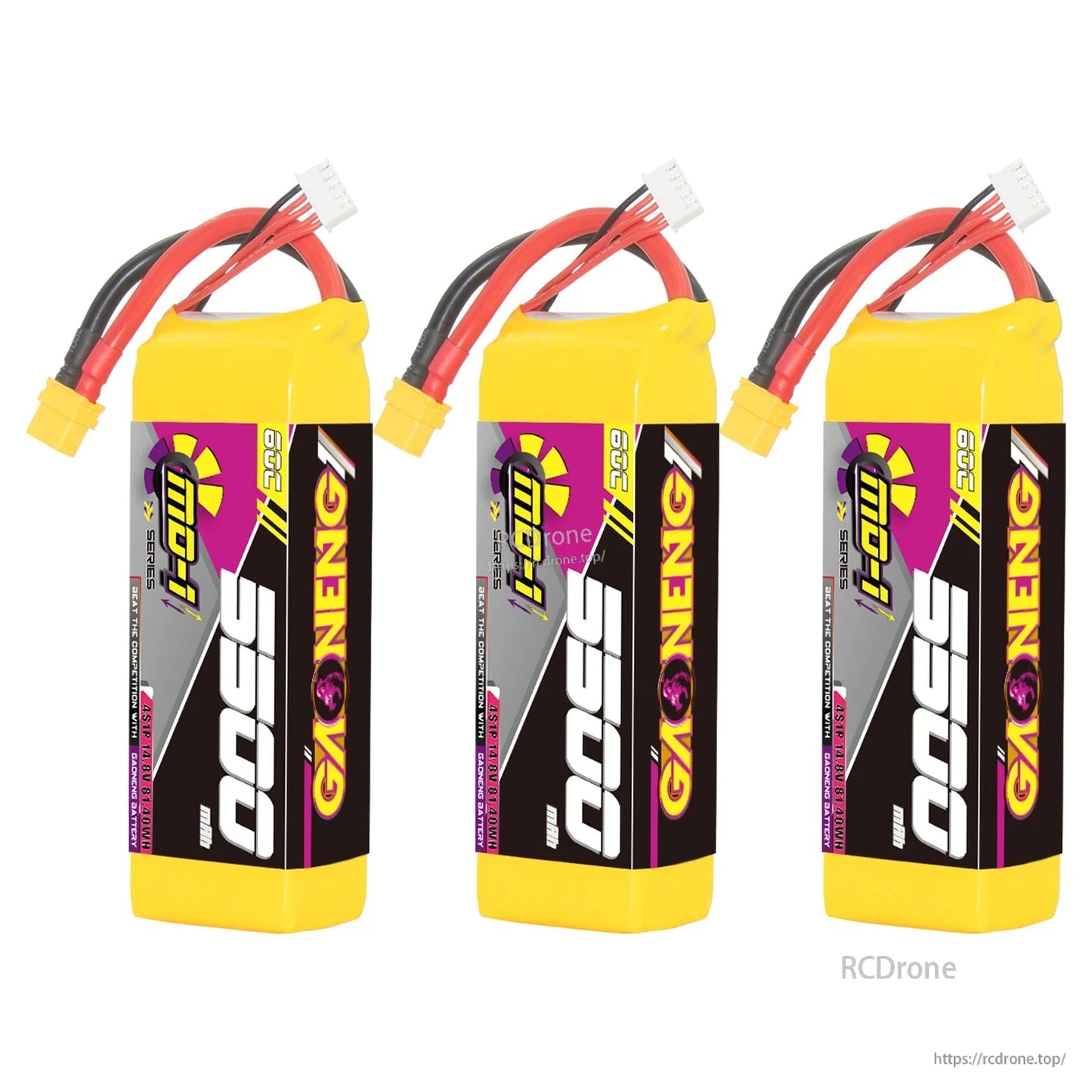 Three-pack group photo of GAONENG GNB MD-1 5500mAh LiPo batteries with XT60 connectors