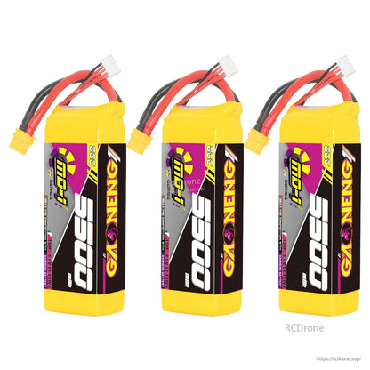 Three-pack group photo of GAONENG GNB MD-1 5500mAh LiPo batteries with XT60 connectors