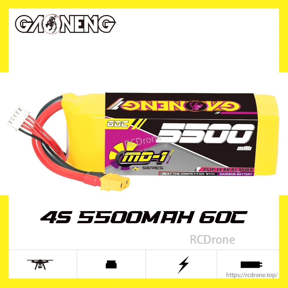GNB 4S 5500mAh 60C LiPo battery product graphic, side view with '4S 5500mAh 60C' text