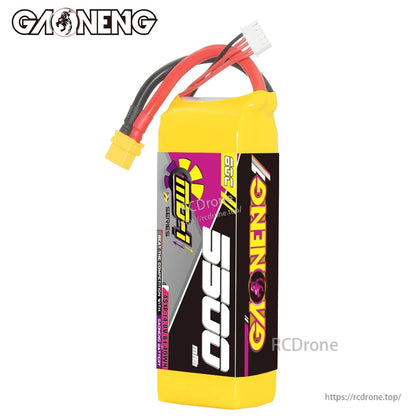 Upright side view of GAONENG GNB MD-1 5500mAh LiPo battery showing label and wire exit