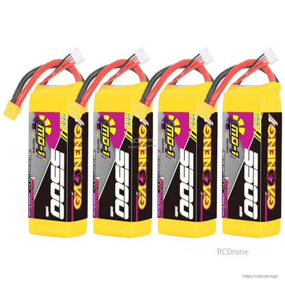 Four GAONENG GNB MD-1 5500mAh LiPo batteries lined up, showing side labels and balance leads